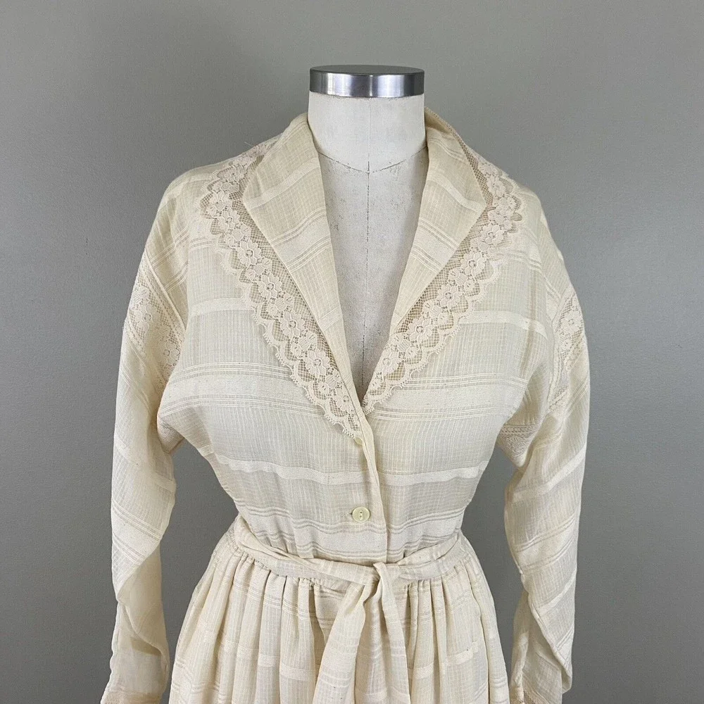 Vtg 70s Albert Capraro Womens Midi Dress XS S Ivory Lace Gunne Style - Picture 2 of 16